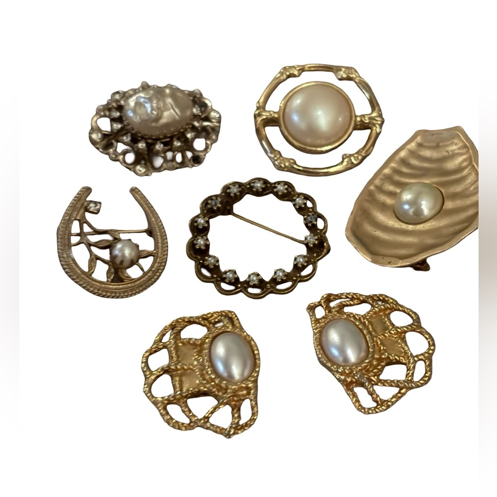 Vintage Gold and Pearl Brooch & Shoe Clip Lot Bundle